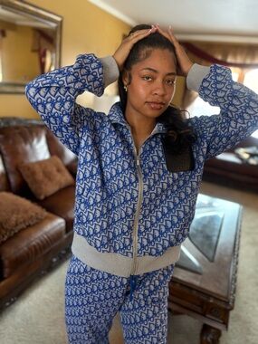 Monogram Blue Zip-Up Jacket and Joggers Set